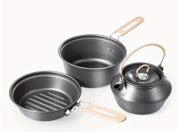 3PCS Camping Cookware Set, Portable Pot, Pan & Kettle with Foldable Handles, Nesting Design for Backpacking, Hiking & Outdoor Cooking