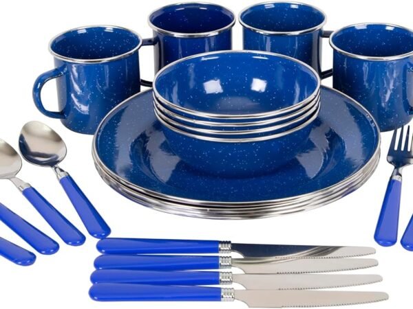 Deluxe 24 Piece Enamel Tableware Set   Enamel Plates and Bowls Lightweight and Durable Camp Dish Set for Camping and Backpacking Plates and Bowls for 4 People