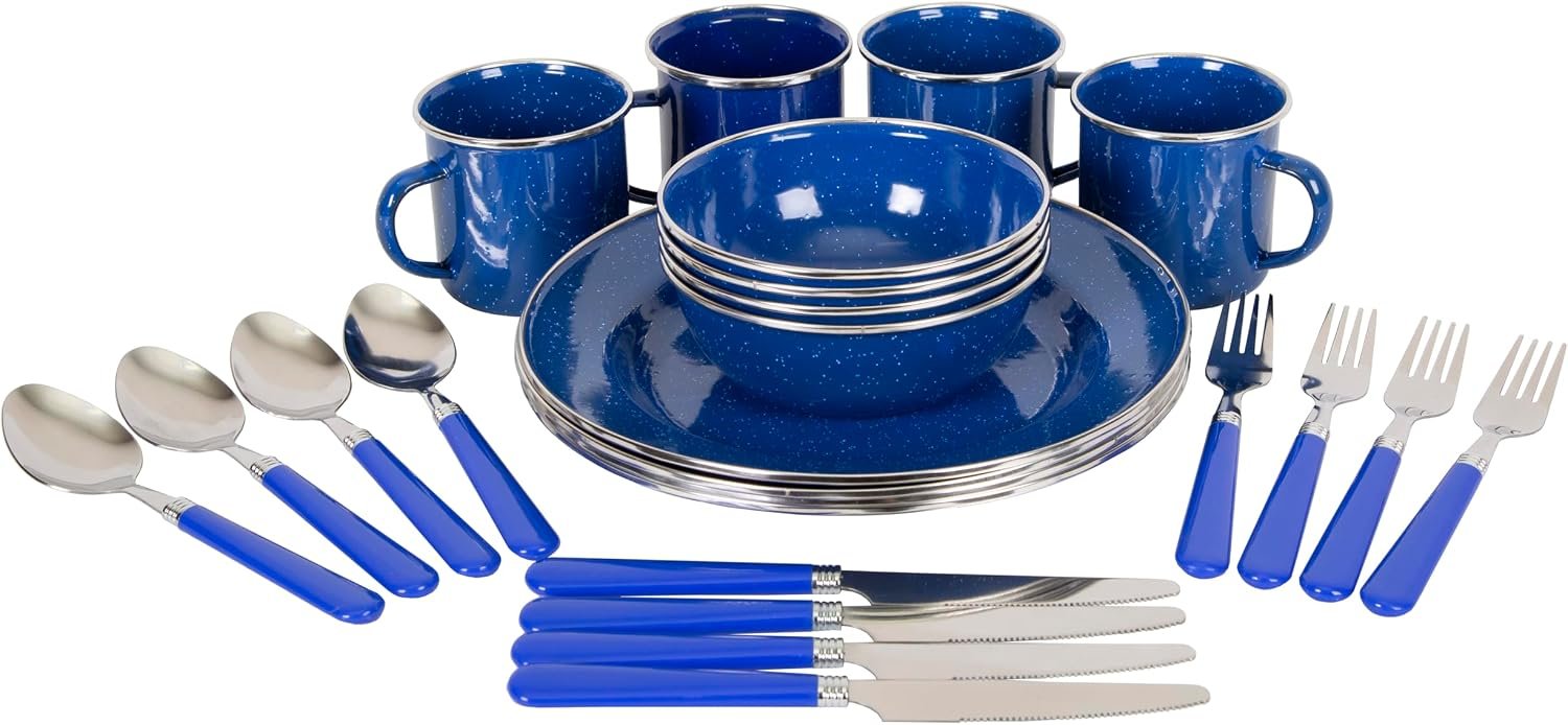 Deluxe 24 Piece Enamel Tableware Set Enamel Plates and Bowls Lightweight and Durable Camp Dish Set for Camping and Backpacking Plates and Bowls for 4 People