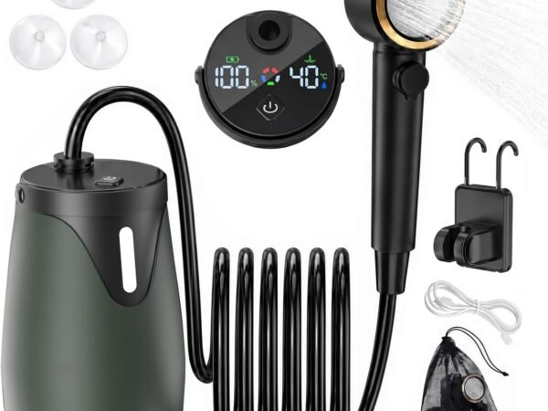 Portable Camping Shower, 8000mAh Long Lasting Rechargeable Outdoor Shower with LED Display, 5 Spray Modes, High Water Pressure, IPX8 Waterproof Camp Pump for Hiking, Travel, Car, Pet Washing