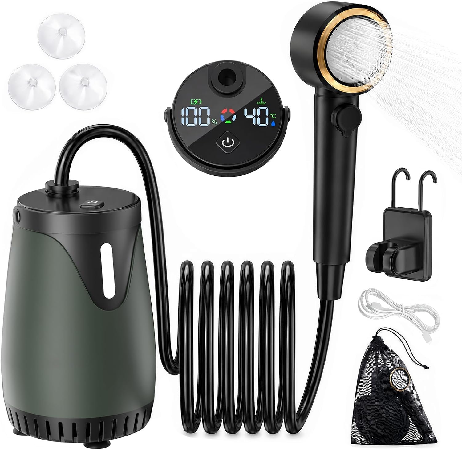 Portable Camping Shower, 8000mAh Long Lasting Rechargeable Outdoor Shower with LED Display, 5 Spray Modes, High Water Pressure, IPX8 Waterproof Camp Pump for Hiking, Travel, Car, Pet Washing