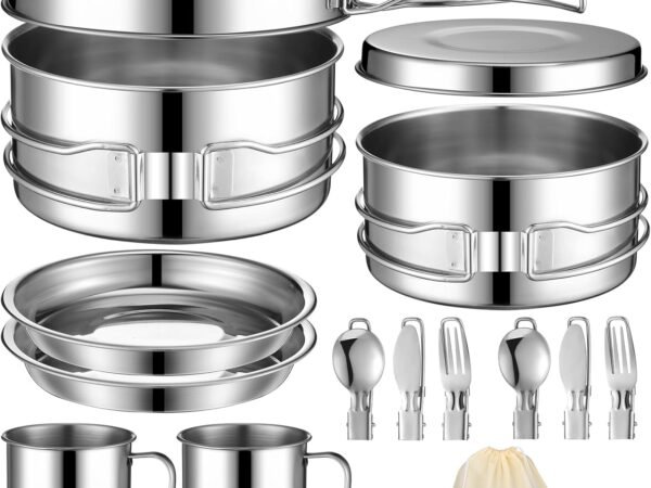 14 Piece Camp Cooking Set, Stainless Steel Camping Cookware with Pot and Pan Kit 2 Set Stainless Steel Cups Plates Forks Knives Spoons for Camping, Backpacking, Outdoor Cooking and Picnic