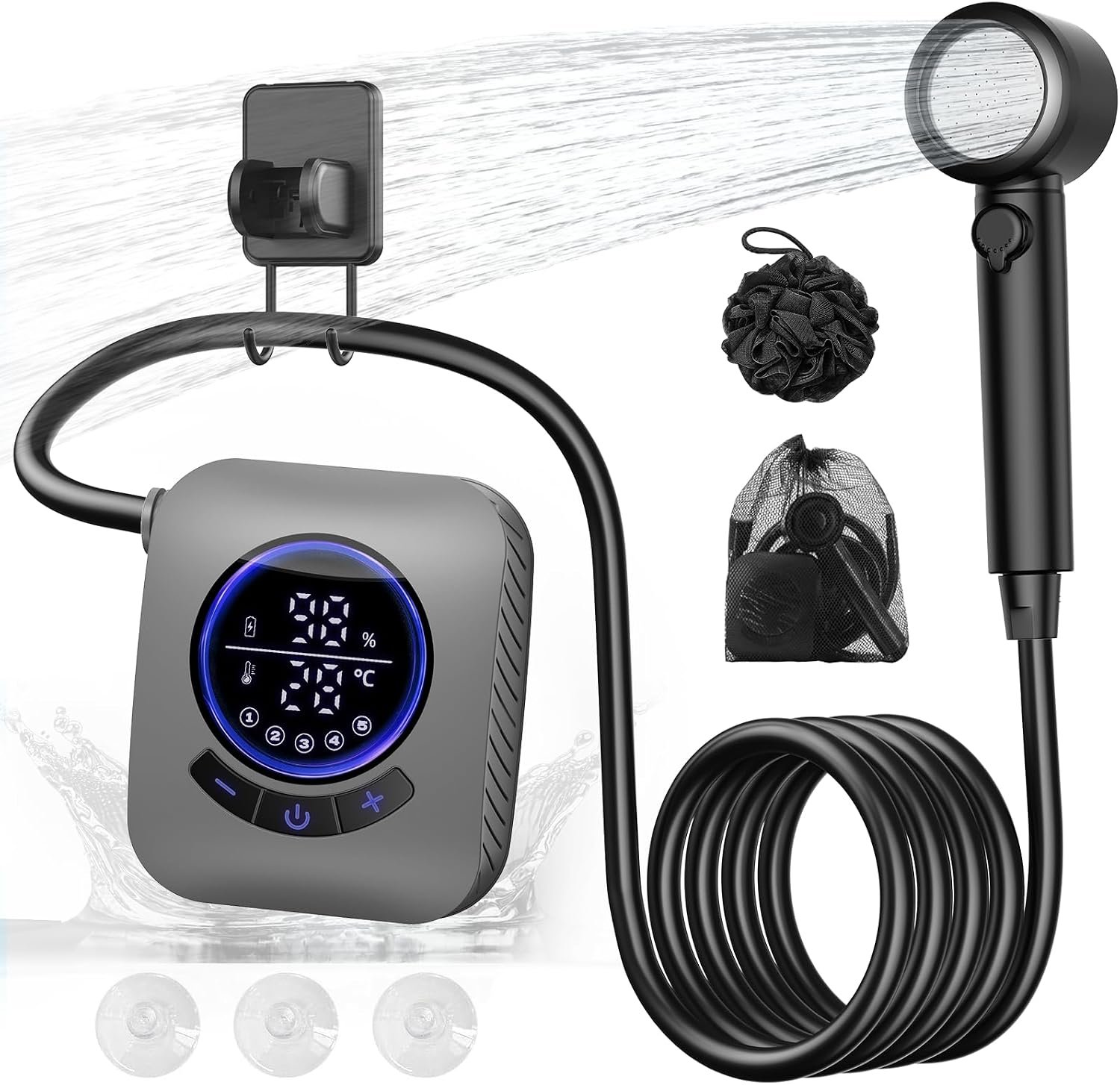 Portable Shower 8000mAh Rechargeable Camping Shower Pump with Bath Sponge, 4 Spray Modes, IPX8 Waterproof, Ideal for Outdoor Camping, Travel, Car Washing, Pet Bathing, and Watering Plants