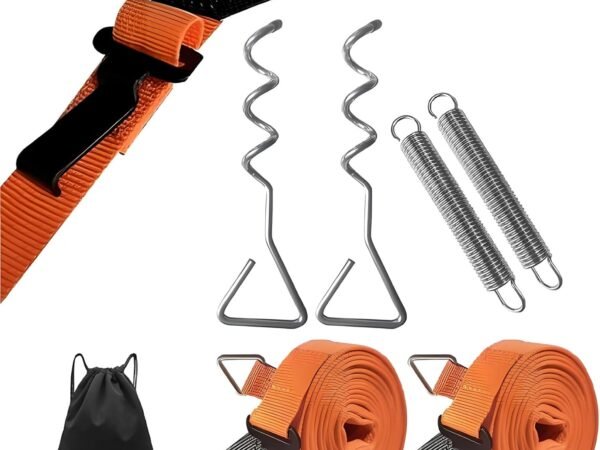 RV Awning Tie Down Kit, Campers Awning Anchors Accessories, Wind Protection RV Awning Anchor Kit, Includes Ratchet Strap, Buffer Tension Spring and Storage Bag for Most Campers Outdoor Camping