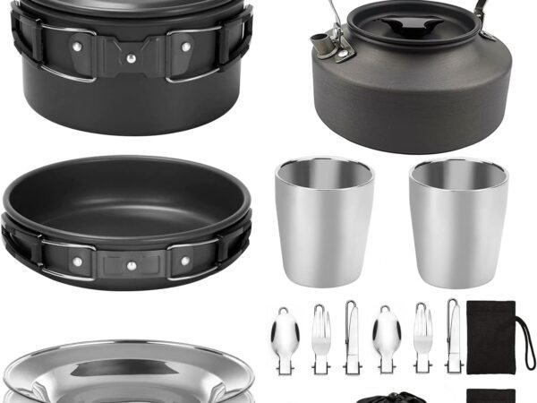 15pcs Camping Cookware Mess Kit,Portable Non Stick Aluminum Alloy Cookware,Kettle Pot Frying Pan Plates Forks Knives Spoons for Camping, Backpacking, Outdoor Cooking(Black)