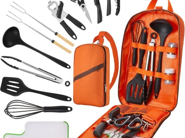 Camping Cooking Set   Camping Utensil Set Car Camping Cooking Essentials Gear for Camp Kitchen Cooking and Grilling, Stainless Steel & Silicone Ideal Gift for RV Tent Camper, Picnics, BBQs
