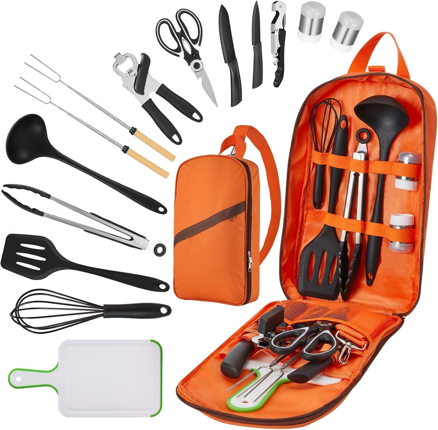 Camping Cooking Set Camping Utensil Set Car Camping Cooking Essentials Gear for Camp Kitchen Cooking and Grilling, Stainless Steel & Silicone Ideal Gift for RV Tent Camper, Picnics, BBQs