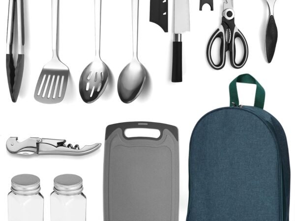 Camping Kitchen Cooking Utensil Set 10 Piece, Stainless Steel Outdoor Cooking and Grilling Utensil Organizer Travel Set Perfect for Travel, Camping, RVs, BBQs, Picnics, Parties and More