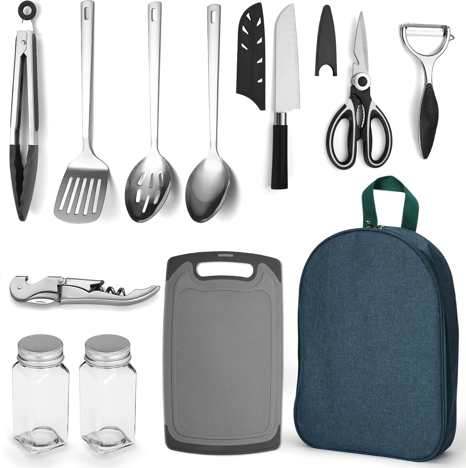 Camping Kitchen Cooking Utensil Set 10 Piece, Stainless Steel Outdoor Cooking and Grilling Utensil Organizer Travel Set Perfect for Travel, Camping, RVs, BBQs, Picnics, Parties and More