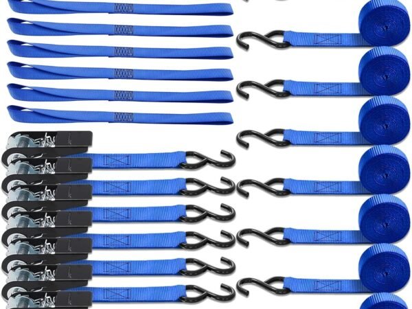 STANDARD Tie Down System – 8PK 10FT Ratchet Straps (900Lbs Break Strength) + 8PK 18IN Soft Loops (3600Lbs Break Strength) – Heavy Duty Cargo Securing Kit for UTV, ATV, Motorcycle, Truck