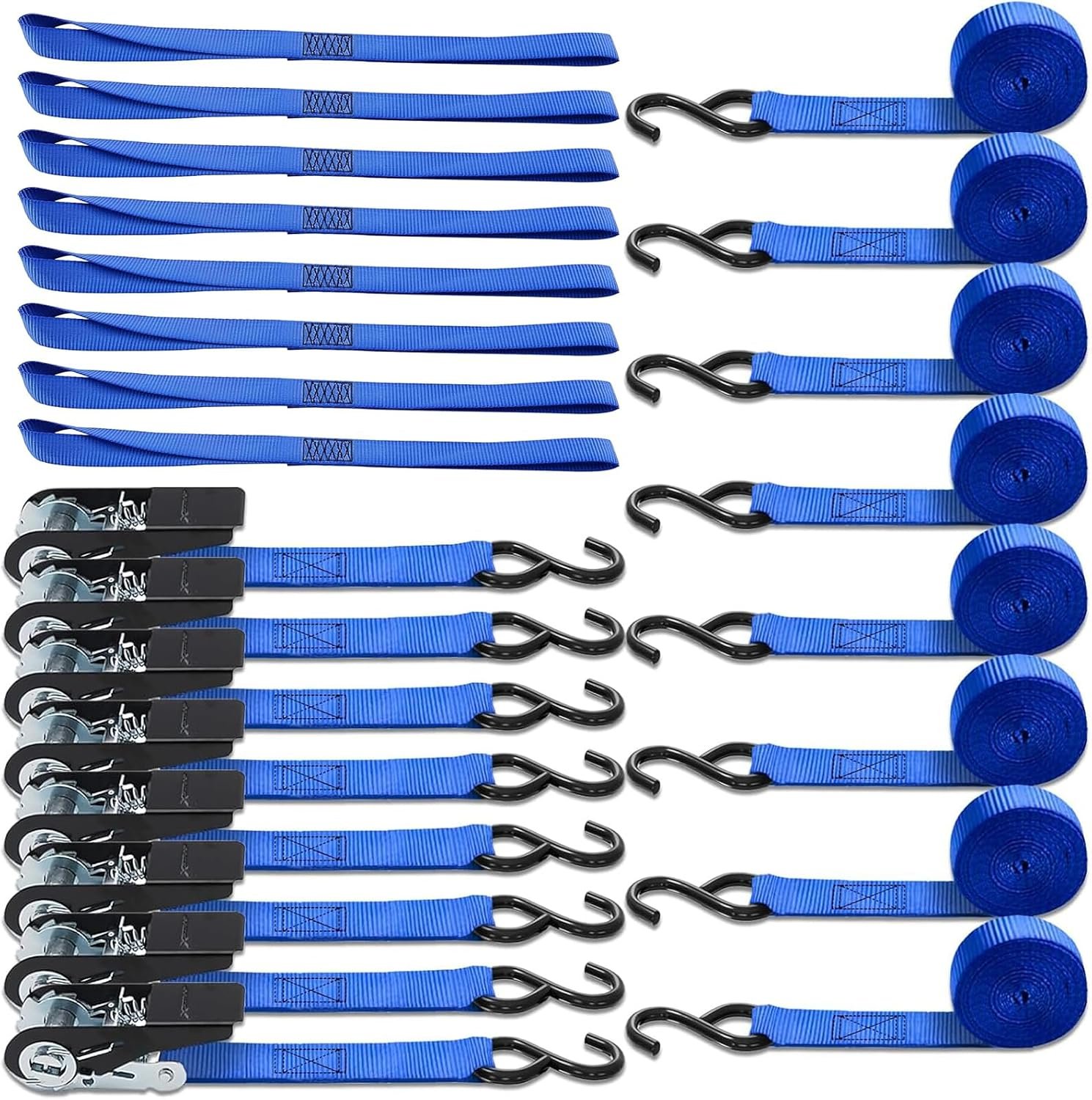 STANDARD Tie Down System – 8PK 10FT Ratchet Straps (900Lbs Break Strength) + 8PK 18IN Soft Loops (3600Lbs Break Strength) – Heavy Duty Cargo Securing Kit for UTV, ATV, Motorcycle, Truck
