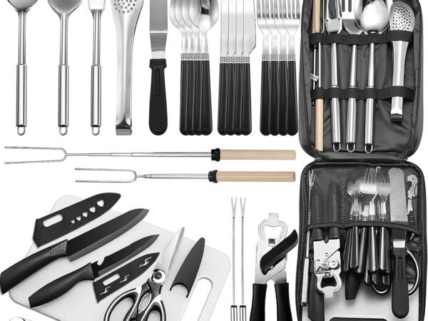 Portable Camping Kitchen Utensil Set 27 Piece Cookware Kit, Stainless Steel Outdoor Cooking and Grilling Utensil Organizer Travel Set Perfect for Travel, Picnics, RVs, Camping, BBQs, Parties and More