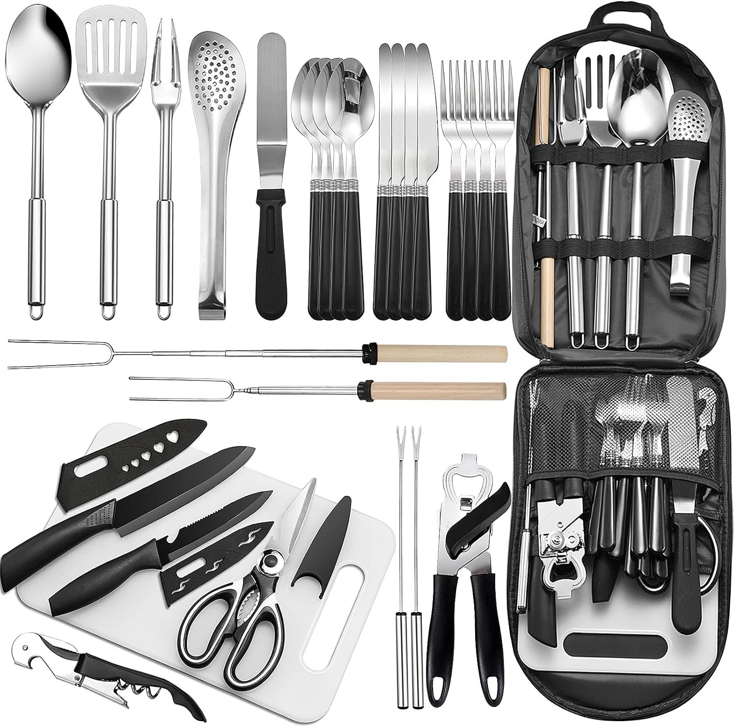 Portable Camping Kitchen Utensil Set 27 Piece Cookware Kit, Stainless Steel Outdoor Cooking and Grilling Utensil Organizer Travel Set Perfect for Travel, Picnics, RVs, Camping, BBQs, Parties and More