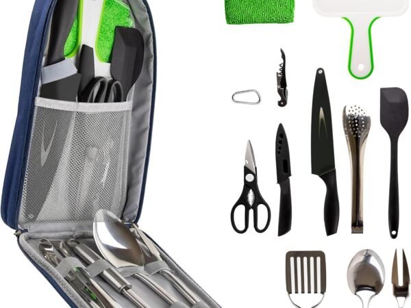 12 Pcs Camp Cooking Utensil Set & Outdoor Kitchen Gear Cookware Kit, Portable Compact Carry Case for Camping, Hiking, Travel, BBQ Grilling Stainless Steel Accessories Spoon & Fork, Navy